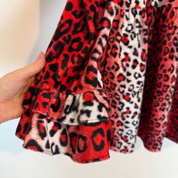 BATSHEVA RUFFLED LEOPARD PRINT VELVET DRESS RED WHITE LONG SLEEVE SZ 8 POCKETS - Picture 2 of 9